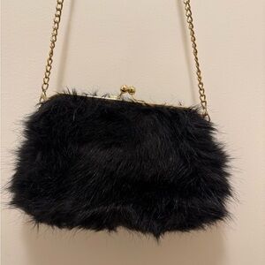Olivia Miller Black Faux Fur Clutch with Gold Chain